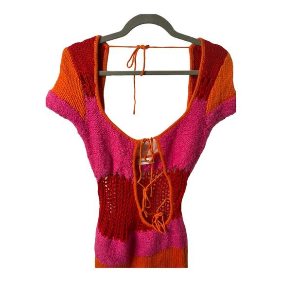 Guizio Mini Dress Open Back Knit Crochet Rouge Party Cocktail Summer Spring Sz M - Picture 11 of 13